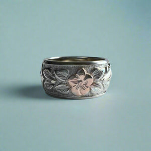 Raised Two-Tone Maile and Plumeria with Leaves 10mm "Kuuipo" Ring in 14K White & Pink Gold