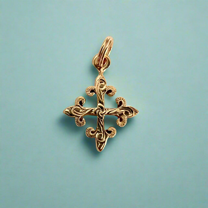 Fleur De Lys Cross Charm in 14K Gold