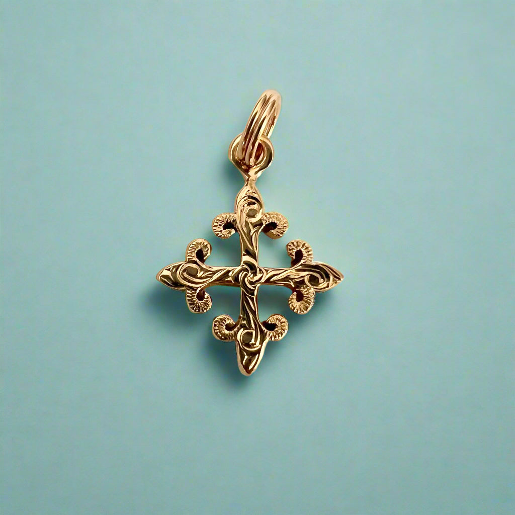 Fleur De Lys Cross Charm in 14K Gold