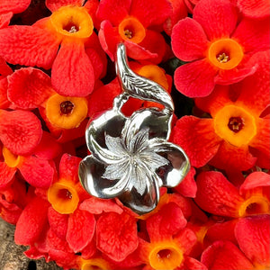 Hawaiian Plumeria with Leaf Pendant in 14K White gold