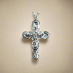 Medium Old English Scalloped 6mm Cross Pendant with Hibiscus & Diamond in 18K White Gold