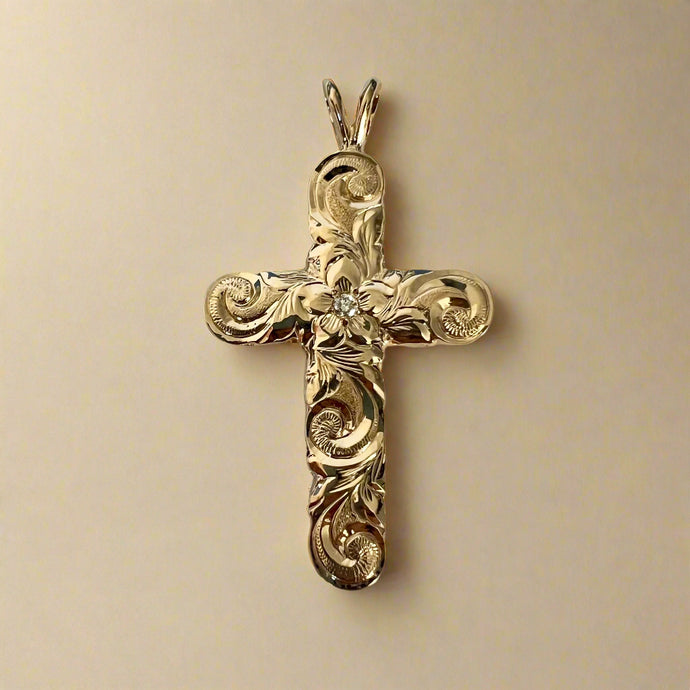 Large Old English Scalloped 8mm Cross Pendant with Hibiscus & Diamond in 14K Yellow Gold
