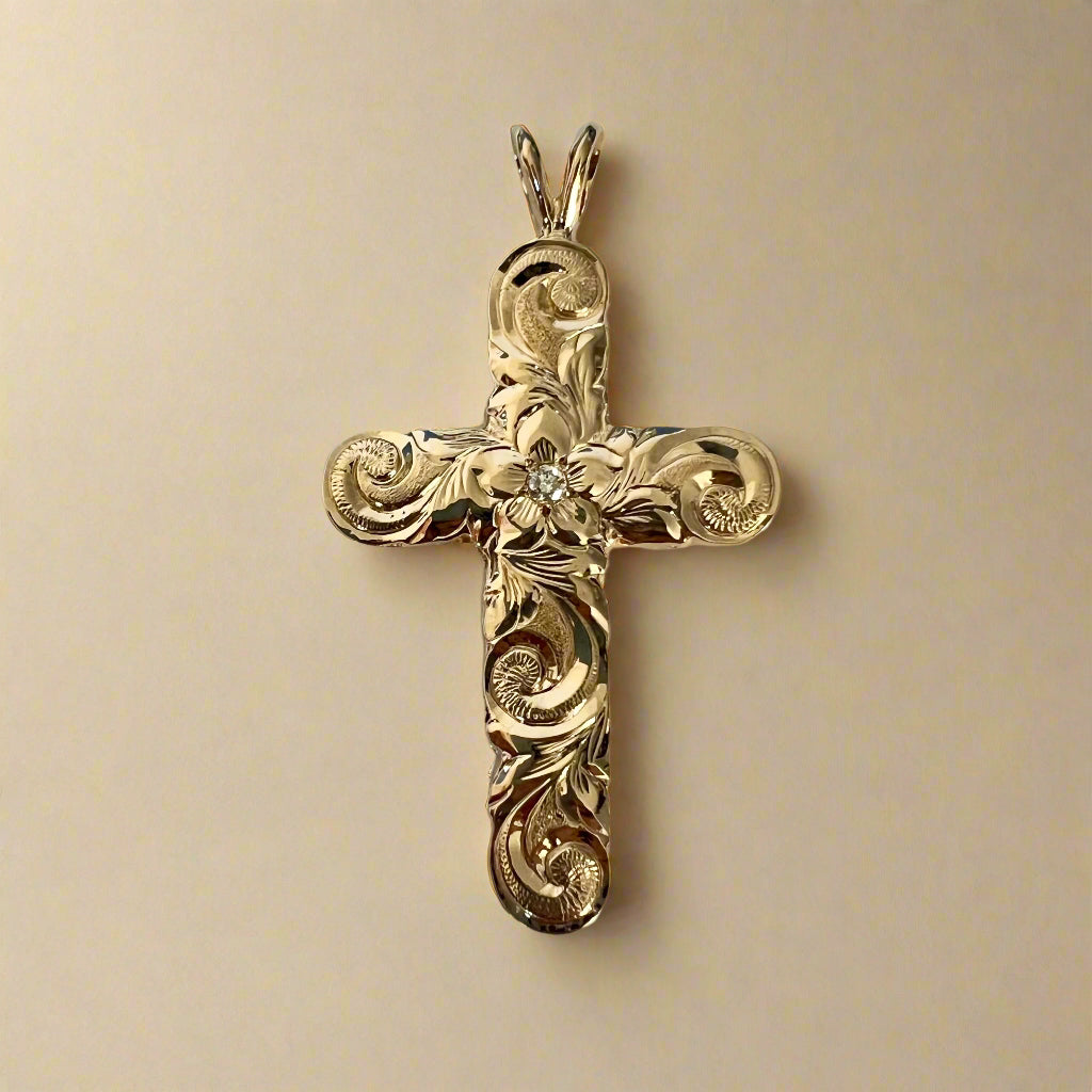 Large Old English Scalloped 8mm Cross Pendant with Hibiscus & Diamond in 14K Yellow Gold