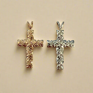 Scalloped Engraved Hawaiian Hibiscus 6mm Cross Pendants in 14K Gold