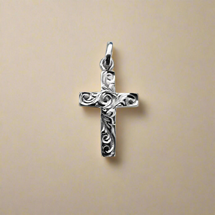 Small Old English 3mm Cross Pendant in 14K White Gold