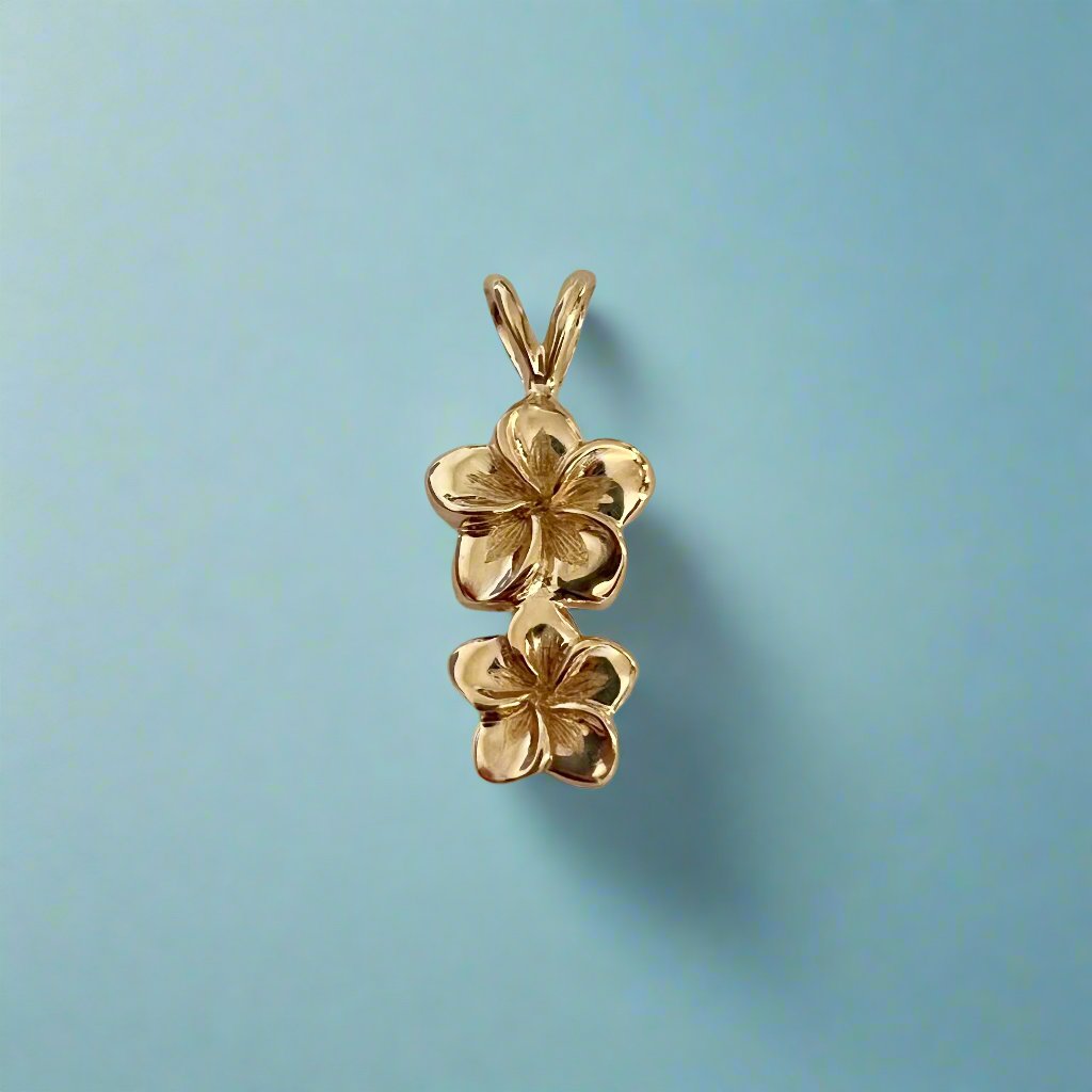 Two Plumeria Flowers Pendant in 14K Gold