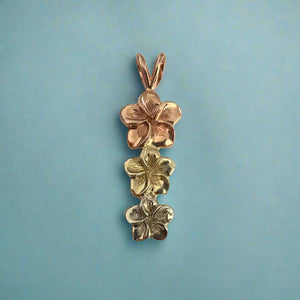 Multicolour Three Plumeria Vertical Pendant in 14K Gold