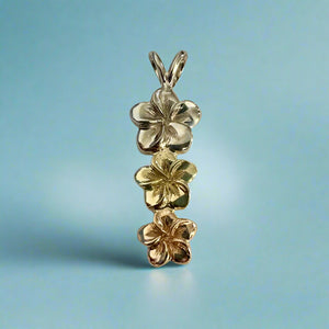 Multicolour Three Plumeria Vertical Pendant in 14K Gold