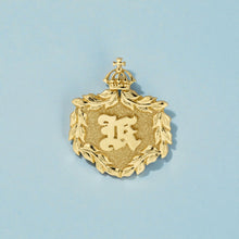 Load image into Gallery viewer, Front of Iolani Palace Cress Maile Pendant with Raised Initial "K" in 14K Yellow Gold
