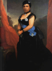 Example of a page from Hawaiian Heirloom Jewelry book with a Portrait of Queen Liliuokalani by William Cogsswell. Courtesy The Friends of Iolani Palace.