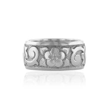 Load image into Gallery viewer, Raised Old English and Plumeria 10mm &quot;Kuuipo&quot; Ring in 14K White Gold
