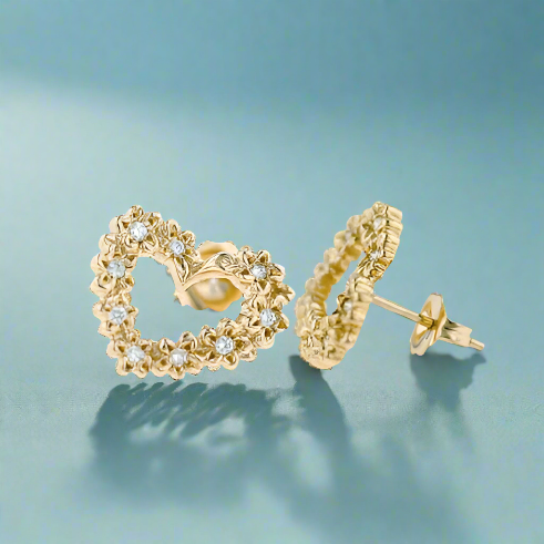 Hawaiian Slanted Heart Earrings with Diamonds in 14K Yellow Gold