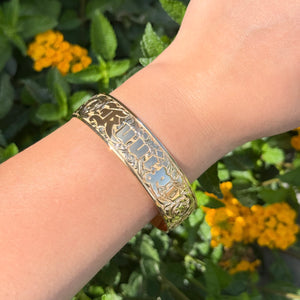 Victorian Scrolls 18mm Raised "Kuuipo" Hawaiian Bangle Bracelet in 14K Yellow Gold