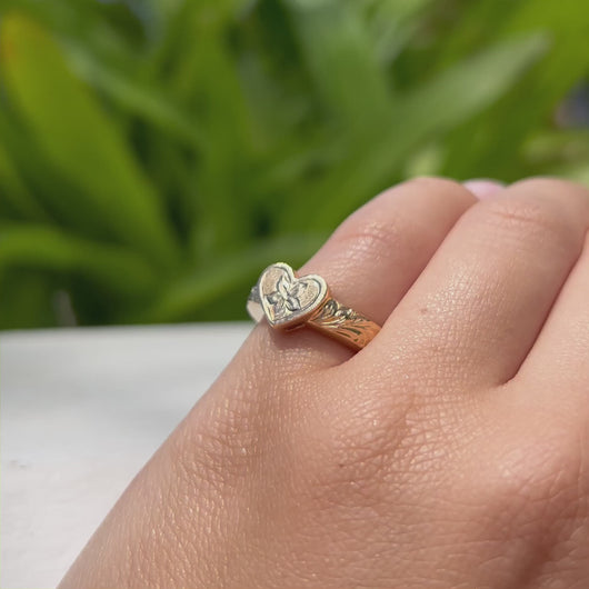 Hibiscus & Old English Valentine Heart Ring in 14K Yellow Gold