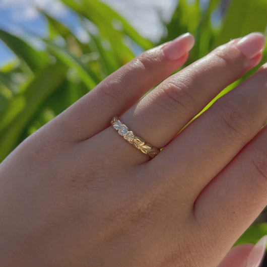 Scalloped Shiny Maile & Plumeria 4mm Ring in 14 Yellow Gold