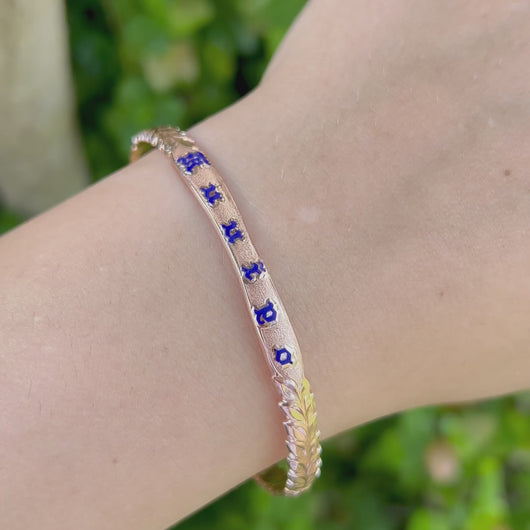 Scalloped Maile engraving and blue enamel  Kuuipo on Hawaiian Bangle