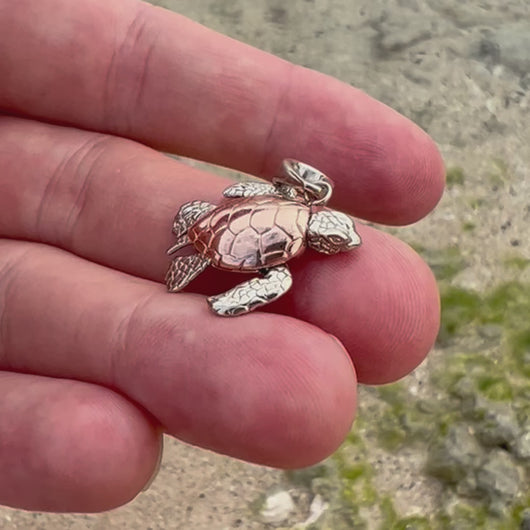 Hawaiian turtle honu pendant in pink and white gold 