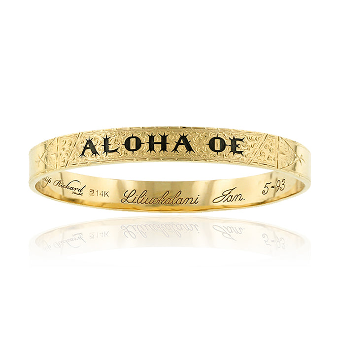 Gold Hawaiian Heirloom Bracelet with ALOHA OE in black enamel