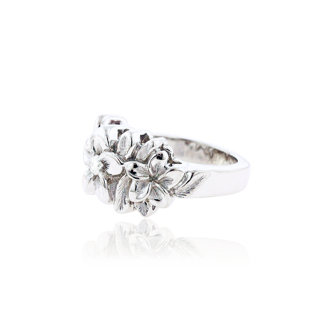 Three Plumeria Ring w/ Diamond - Philip Rickard