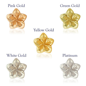 Five plumeria flowers shown in precious metals