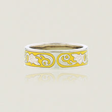 Load image into Gallery viewer, Ali&#39;i 6mm Flat Ring w/ Plumeria flower and Old English design in yellow enamel - Philip Rickard
